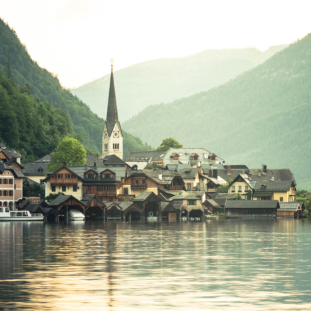 Sunrise over famous Hallstatt fisherman village, Austria